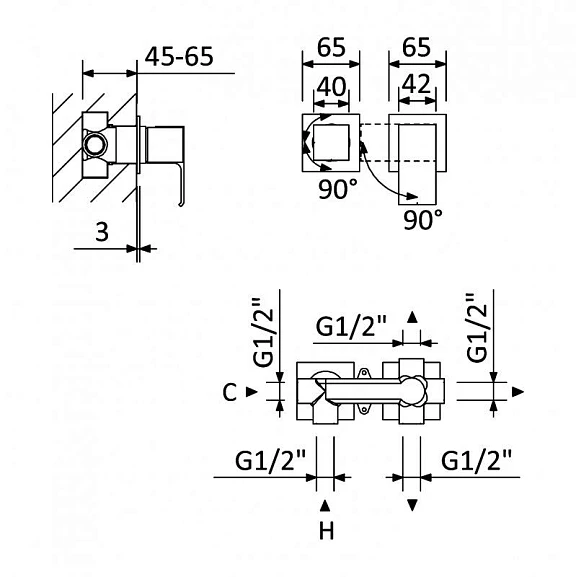 Смеситель Cezares PORTA-VDIM3-M-BIO встраиваемый однорычажный для душа с поворотным переключателем на 3 выхода, белый матовый
