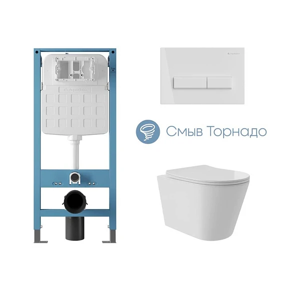 Комплект инсталляции Aqueduto Tecnica Novo с безободковым унитазом Cone Plus Tornado белый глянец, клавиша смыва Retangulo белый глянец