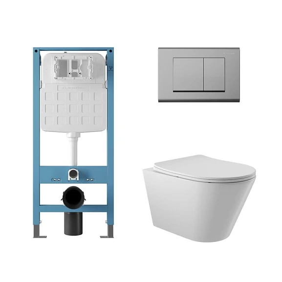 Комплект инсталляции Aqueduto Tecnica Novo с безободковым унитазом Cone белый глянец, клавиша смыва Quadrado глянцевый хром