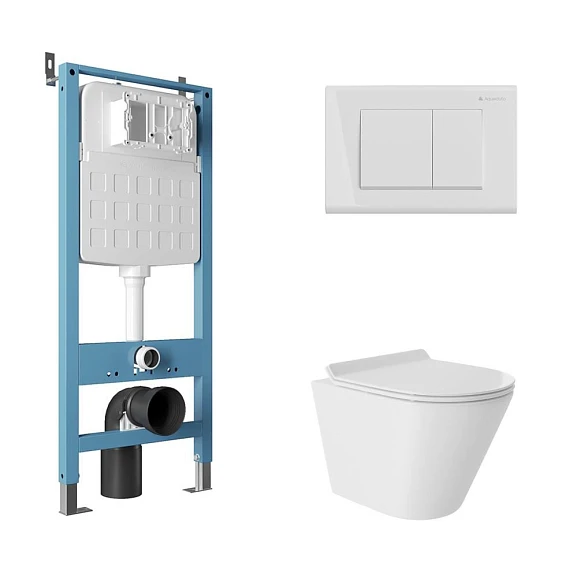 Комплект инсталляции Aqueduto Tecnica Novo с безободковым унитазом Cone Tornado белый глянец, клавиша смыва Quadrado белый глянец