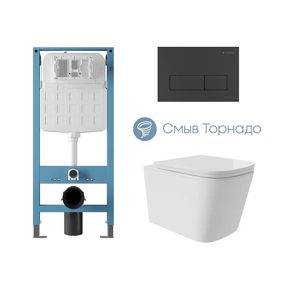 Комплект инсталляции Aqueduto Tecnica Novo с безободковым унитазом Macio Plus Tornado белый глянец, клавиша смыва Retangulo Novo черная матовая