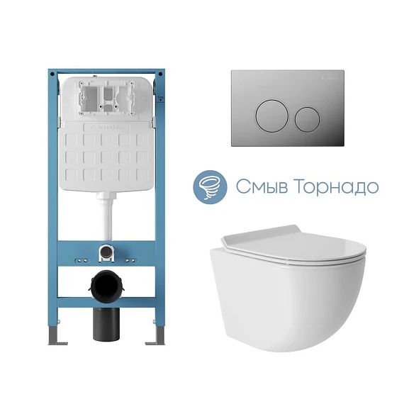 Комплект инсталляции Aqueduto Tecnica Novo с безободковым унитазом Ovo Tornado белый глянец, клавиша смыва Circulo глянцевый хром