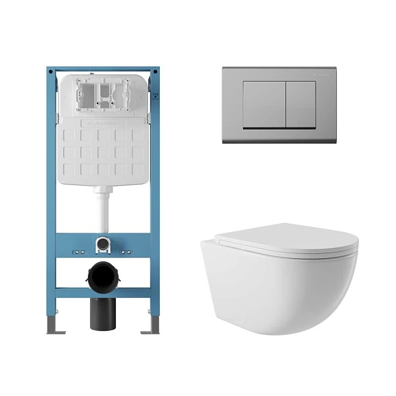 Комплект инсталляции Aqueduto Tecnica Novo с безободковым унитазом Ovo белый глянец, клавиша смыва Quadrado глянцевый хром