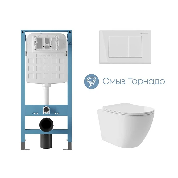 Комплект инсталляции Aqueduto Tecnica Novo с безободковым унитазом Ovo Plus Tornado белый глянец, клавиша смыва Quadrado белый глянец