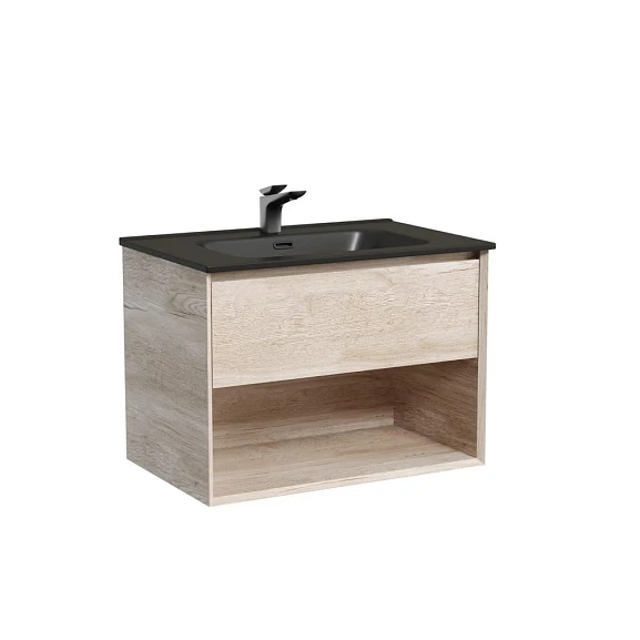 Тумба с раковиной Sancos Marmi 1.0 70 дуб галифакс натуральный (раковина Element CN7007MB черная матовая)