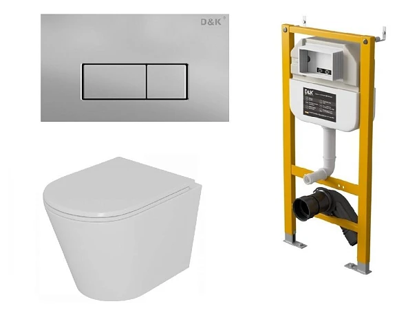 Комплект инсталляции D&K DI8050127 с безободковым унитазом Venice, клавиша смыва Rhein матовый хром