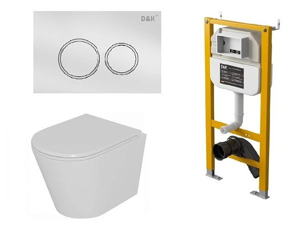 Комплект инсталляции D&K DI8050127 с безободковым унитазом Venice, клавиша смыва Bayern белая