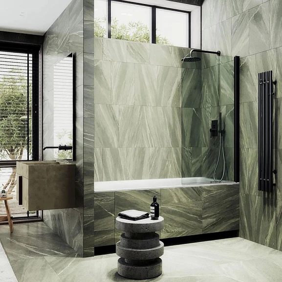 Душевая шторка на ванну MaybahGlass MGV-600-6 80*140 профиль черный матовый стекло прозрачное