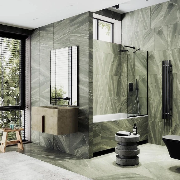 Душевая шторка на ванну MaybahGlass MGV-154-6у 74*140 профиль черный матовый стекло прозрачное