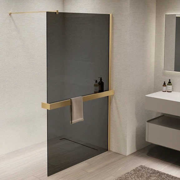 Душевая перегородка Vincea Walk-In 100*200 с полкой стекло тонированное профиль золото матовое без поддона