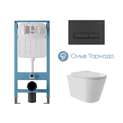 Комплект инсталляции Aqueduto Tecnica Novo с безободковым унитазом Cone Plus Tornado белый глянец, клавиша смыва Retangulo черная матовая Комплект инсталляции Aqueduto Tecnica Novo с безободковым унитазом Cone Plus Tornado белый глянец, клавиша смыва Retangulo черная матовая