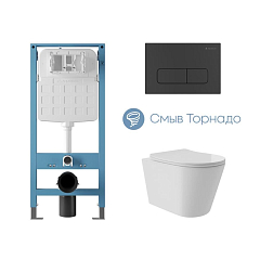 Комплект инсталляции Aqueduto Tecnica Novo с безободковым унитазом Cone Plus Tornado белый глянец, клавиша смыва Forma черная матовая Комплект инсталляции Aqueduto Tecnica Novo с безободковым унитазом Cone Plus Tornado белый глянец, клавиша смыва Forma черная матовая